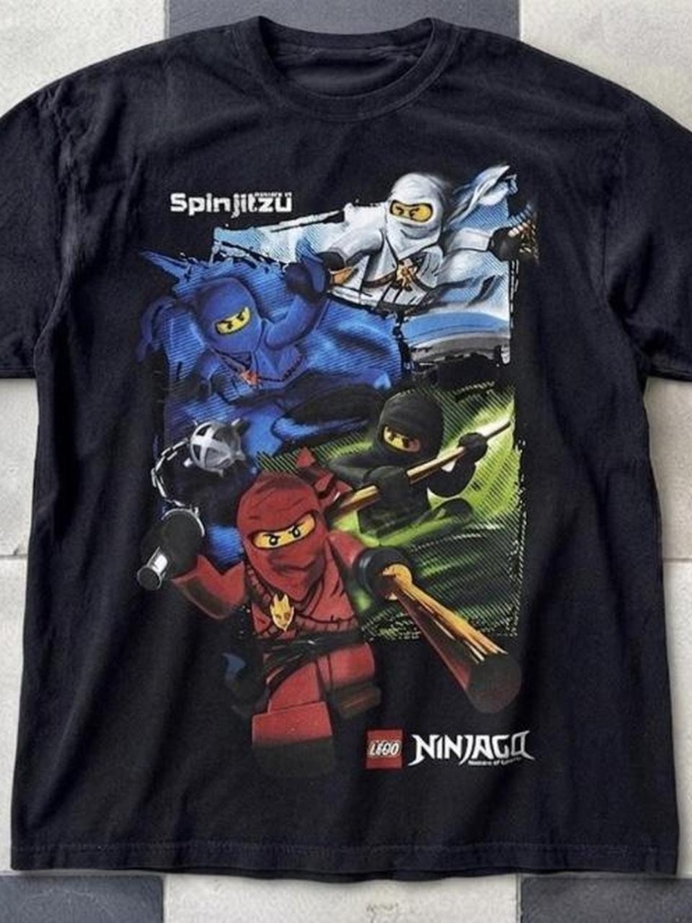 Gildan Black Ninjago Graphic Tee with Red, Blue, White & Green Characters